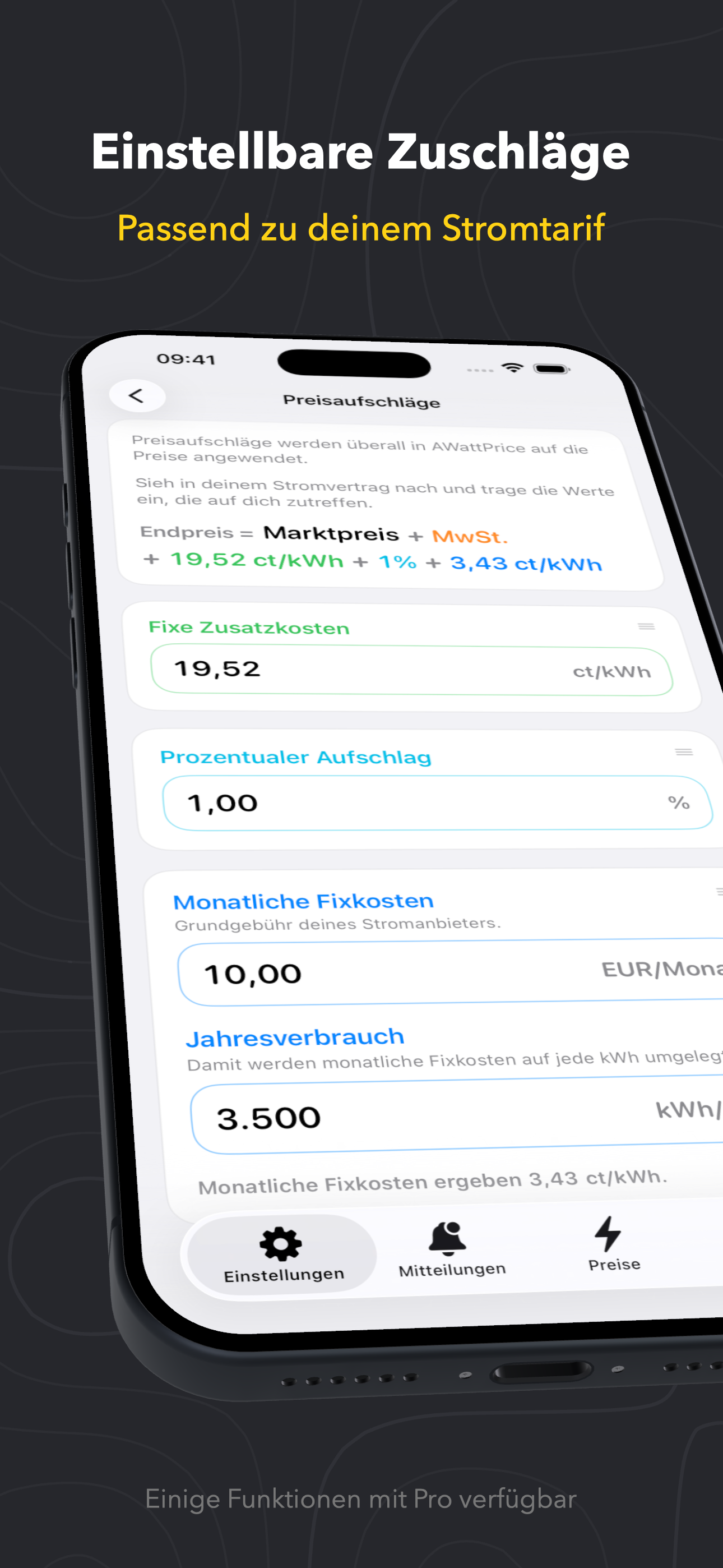 AWattPrice settings for surcharges and tariff fees