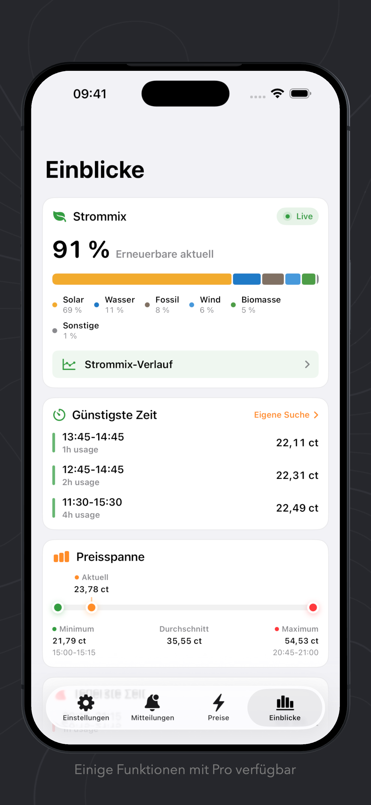 AWattPrice insights screen with energy mix and cheapest time slots