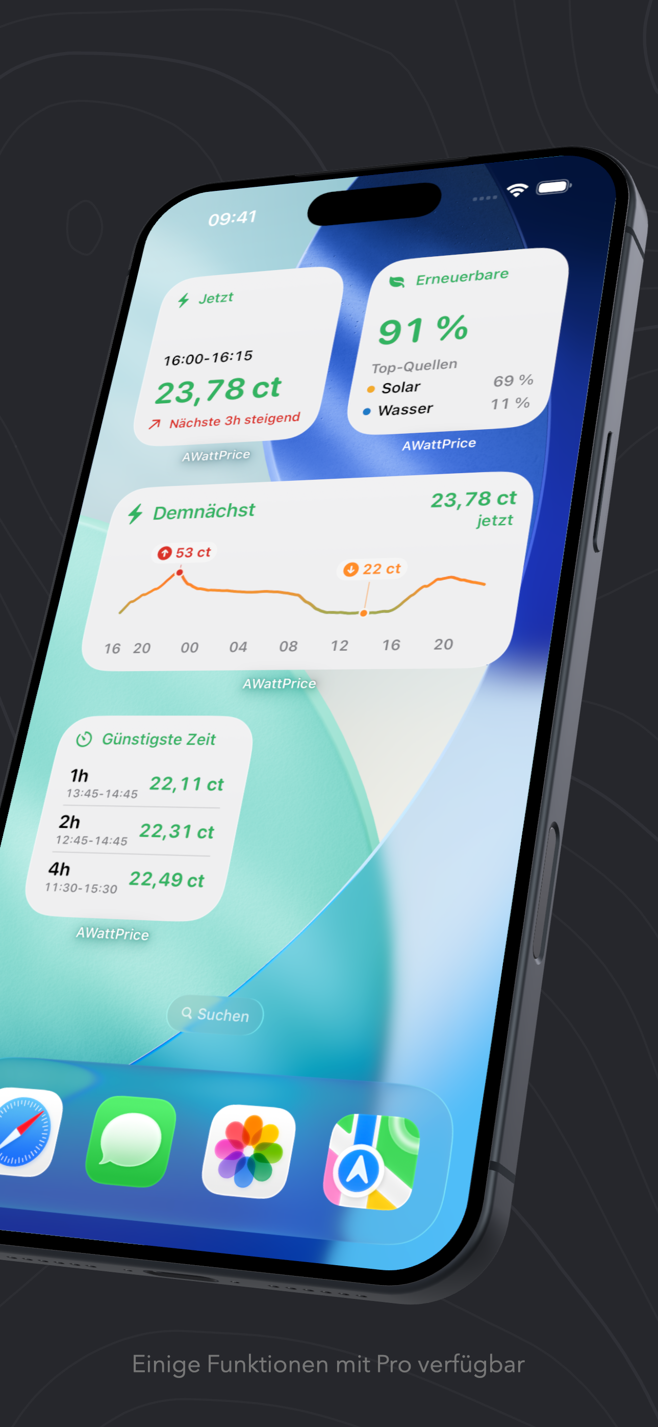 AWattPrice home screen widgets showing current prices and cheapest times
